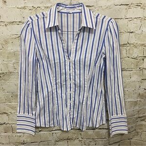 Express Blue White Striped Cotton Stretch V Neck Button Up Top